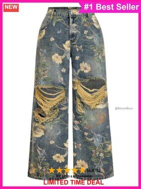Plus Size Floral Ripped Wide Leg Jeans Distressed Baggy Denim Pants